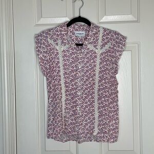 FRNCH Paris Red Floral Button-Down Blouse | Lace Trim Romantic French Chic | S